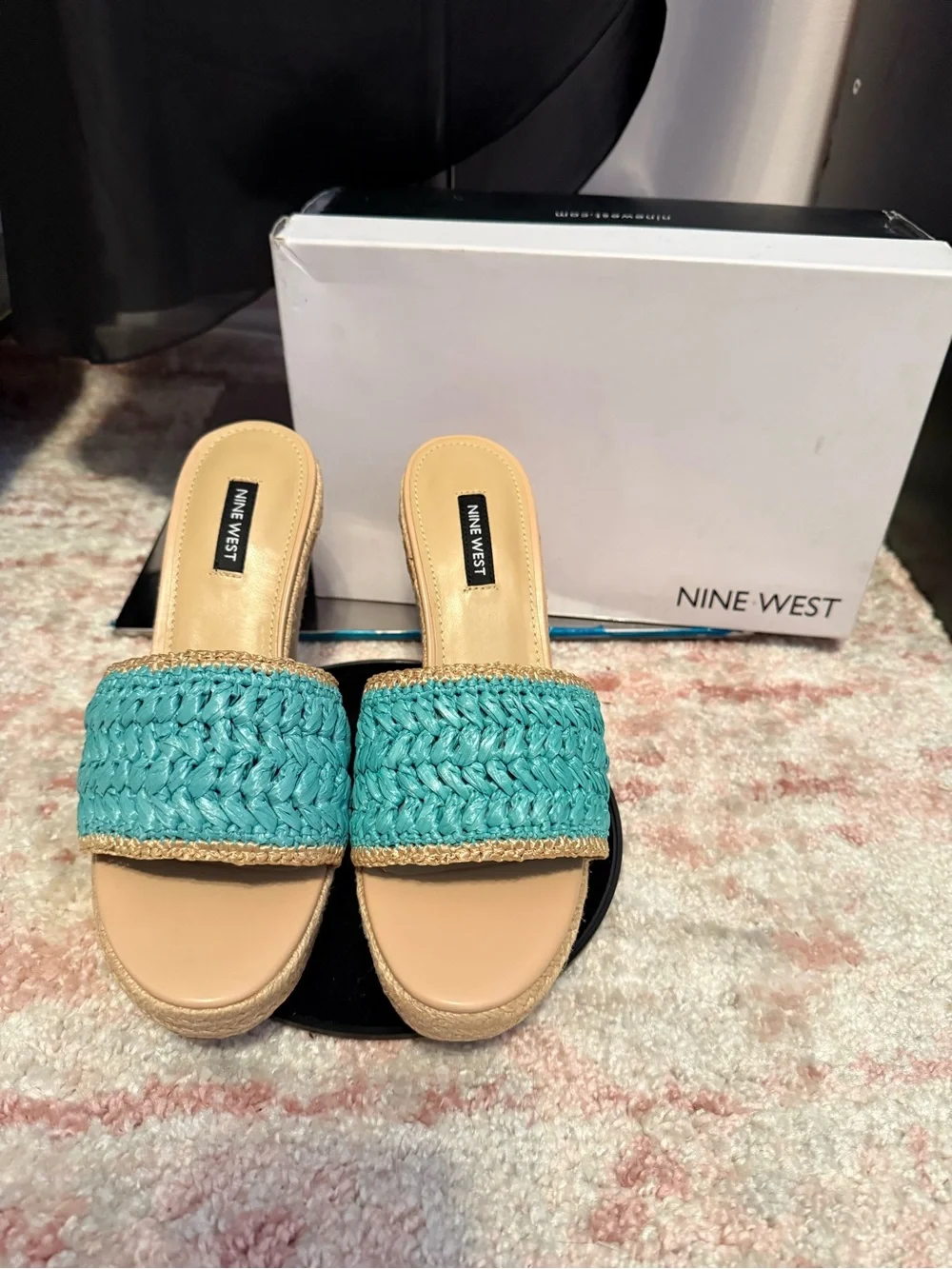 Nine West Teal Woven Slide Wedge Sandals with Tan Platform